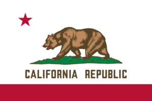 Flag of California, depicting a large brown bear beside a red star, above the words "California Republic."