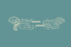 A minimalistic picture of a human brain being digitized into technological lines that also look like a human brain.