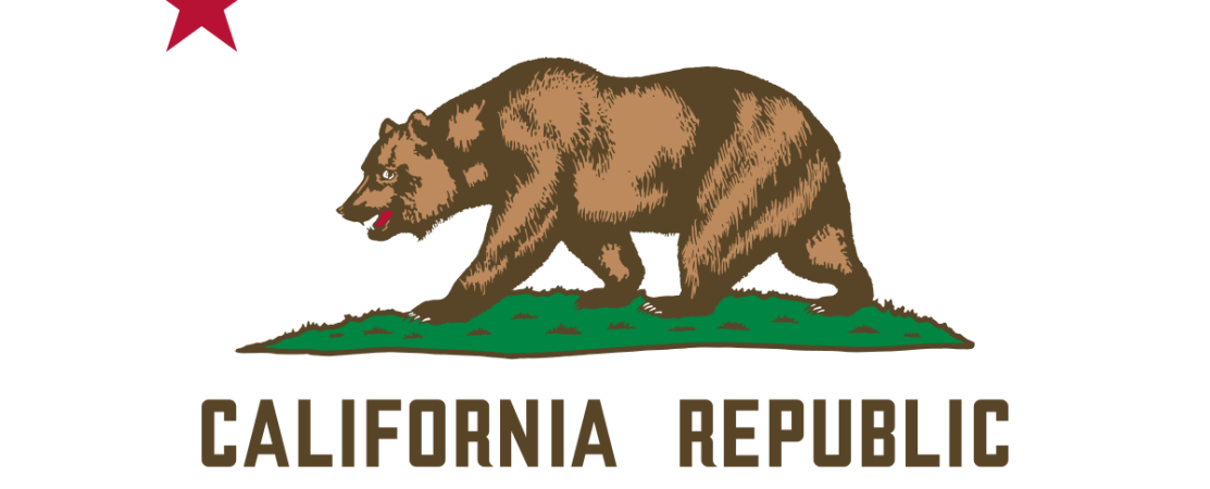 Flag of California, depicting a large brown bear beside a red star, above the words "California Republic."