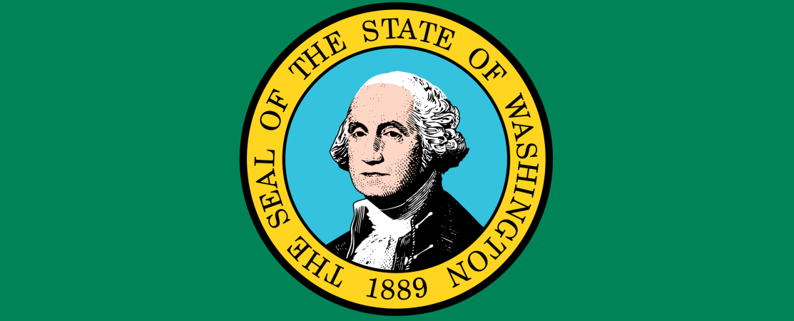 The flag of Washington state, depicting an image of George Washington's face in a yellow circle, with a green background.